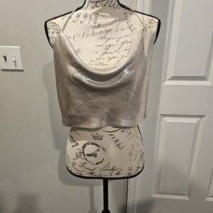 Zara Shiny Silver Crop Halter Flowy Top Clubwear College Fun